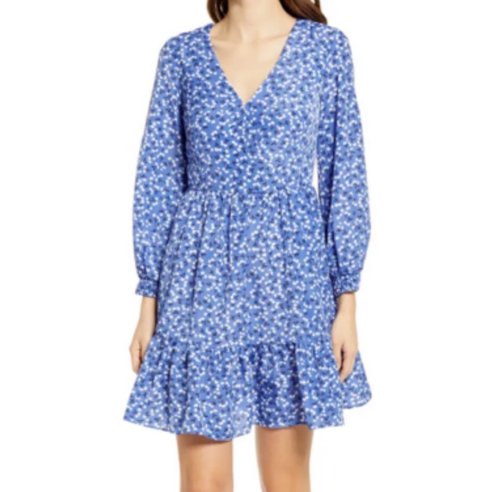 ELIZA J Floral Surplice Neck Long Sleeve Fit &Flare Dress, Size 2